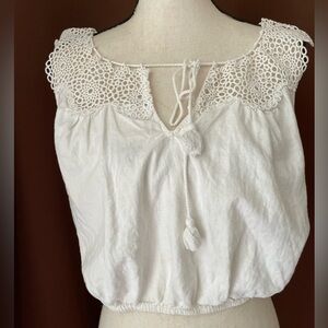 Free People Clover Croft Linen Boho Cottagecore Crochet Camisole Crop Pom Top S